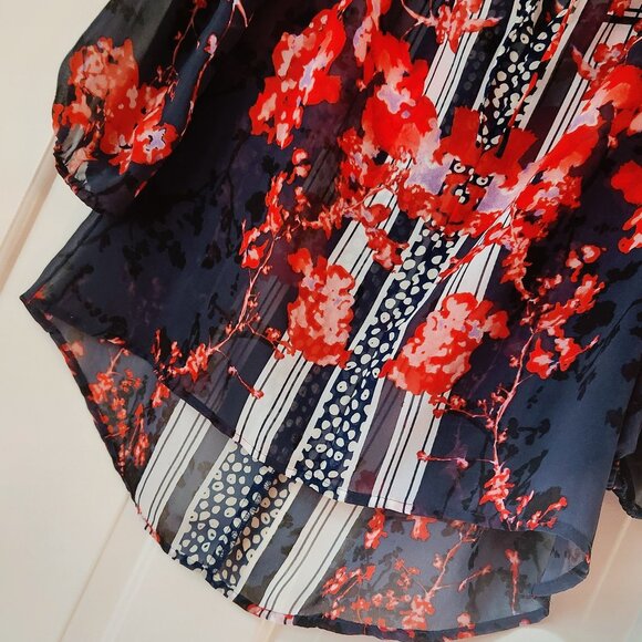 GUESS Los Angeles sz L Floral Semi-Sheer Blouse Top Long Sleeve Navy Blue Red - Picture 8 of 14